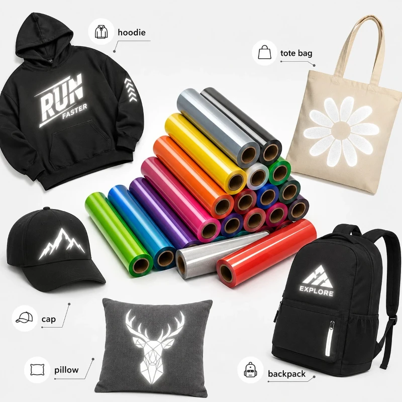 Reflective heat transfer vinyl applied to multiple products including apparel, bags, caps and textile accessories Reflective heat transfer vinyl applied to multiple products including apparel, bags, caps and textile accessories